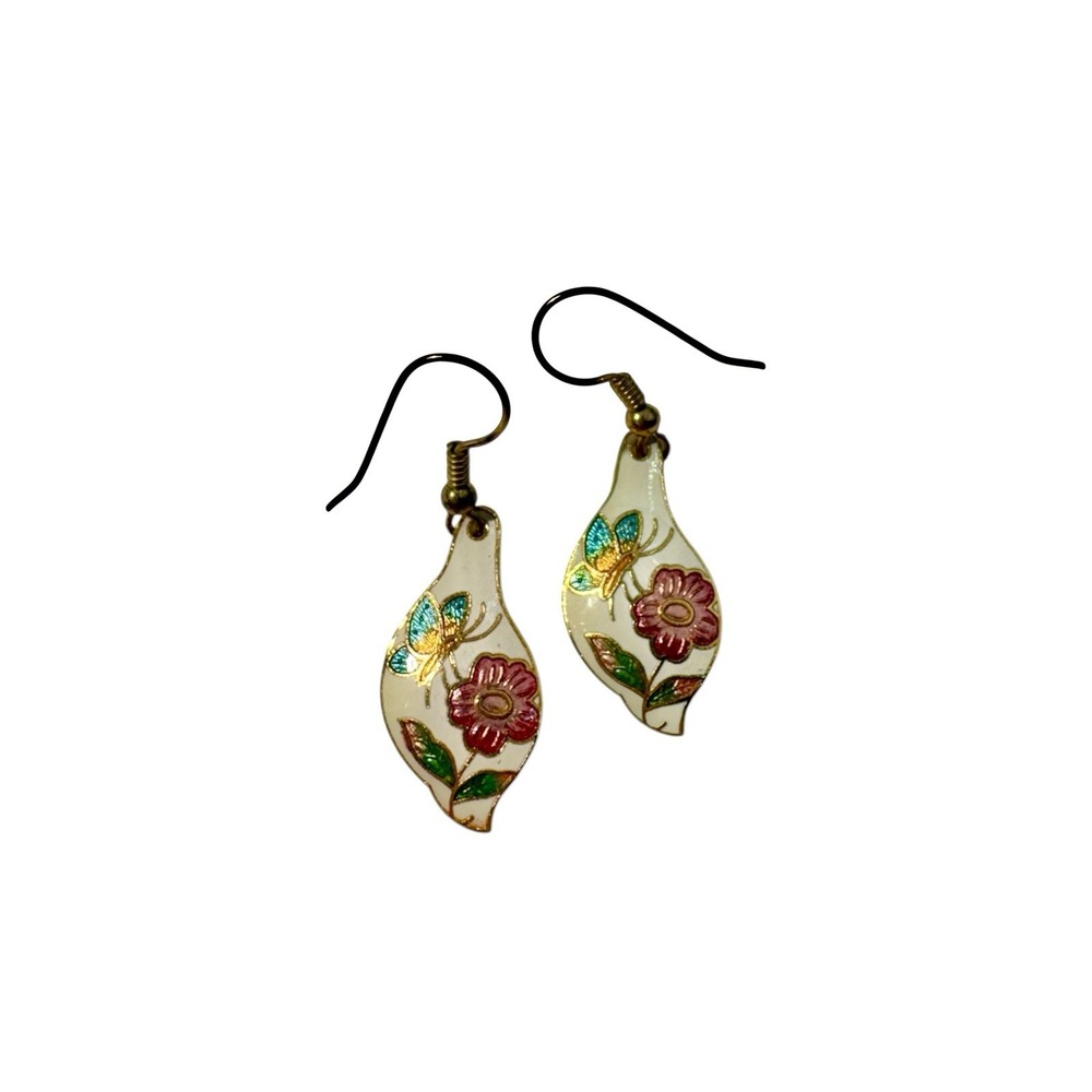 Vintage Gold Tone Cloisonne Enamel Butterfly Flower Pierced Dangle Earrings